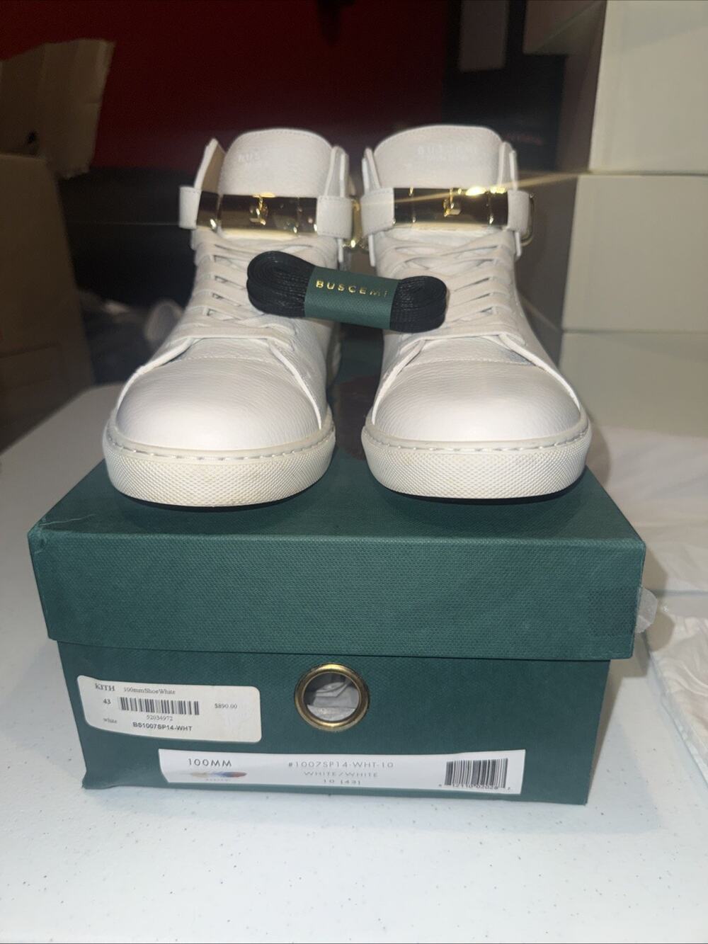 Buscemi 100MM white leather high-top sneakers with gold-plated hardware Size 43